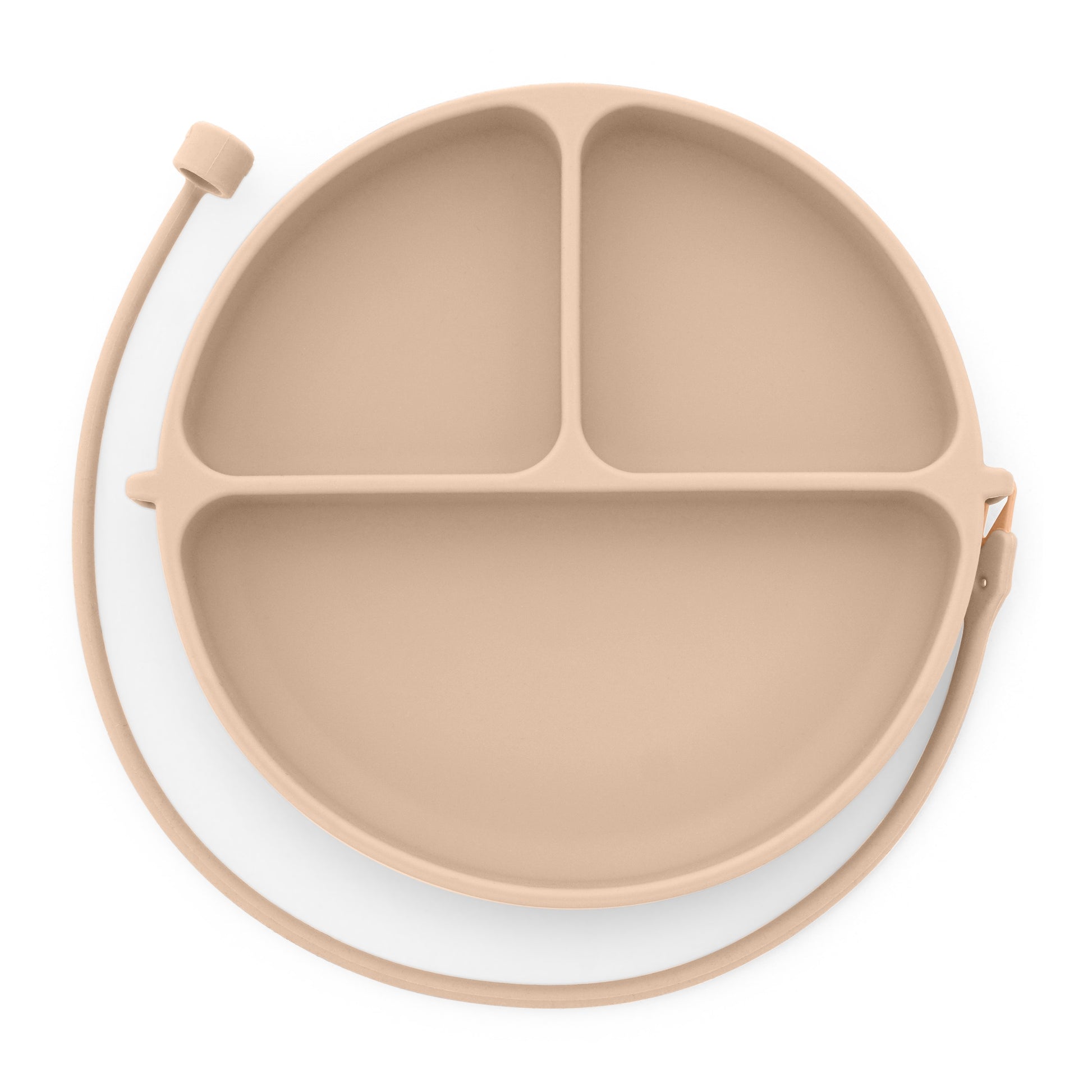 DropLess Plate in beige shifting sands shown on white background – toddler suction plate without utensil attached