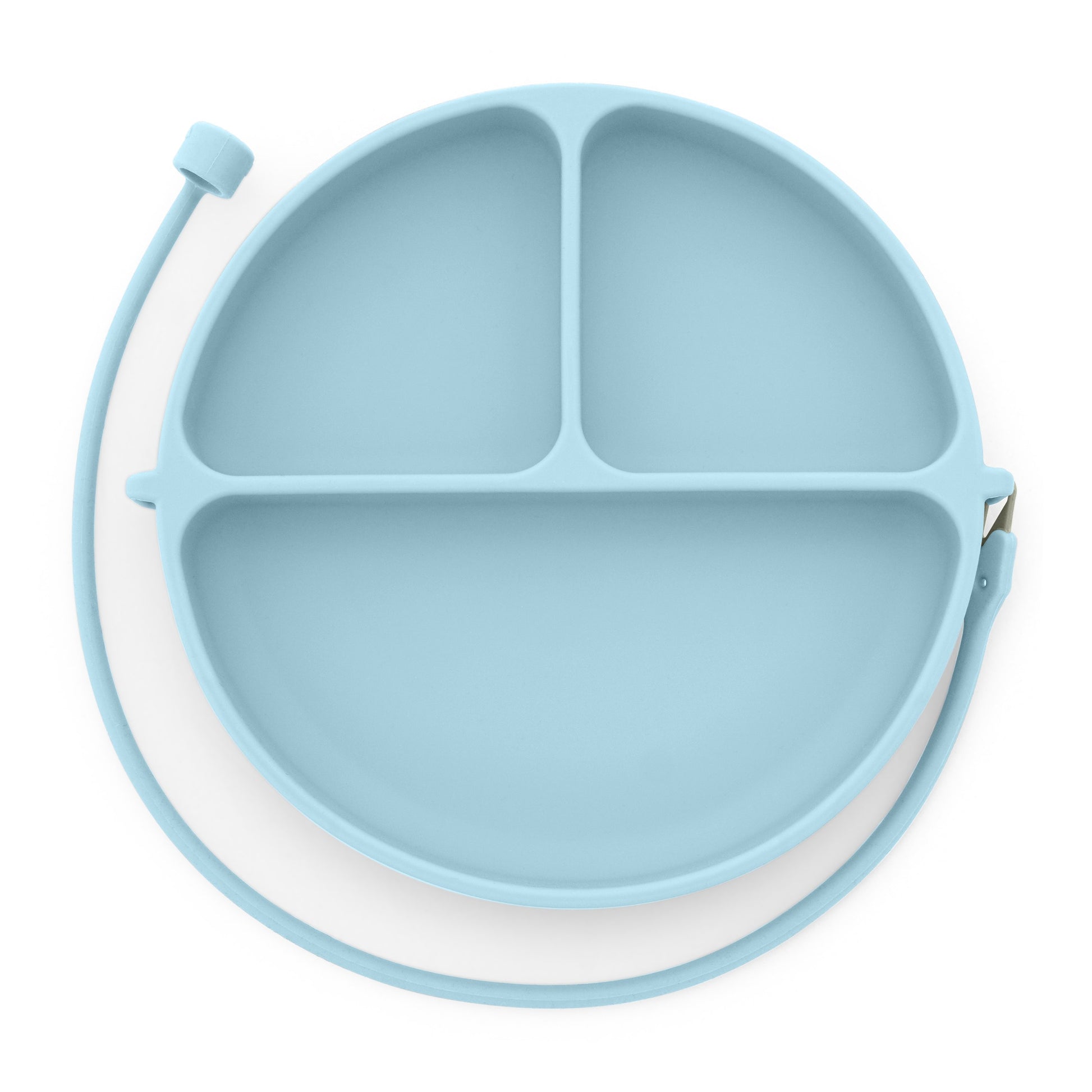 DropLess Plate in blue starlight blue shown on white background – toddler suction plate without utensil attached
