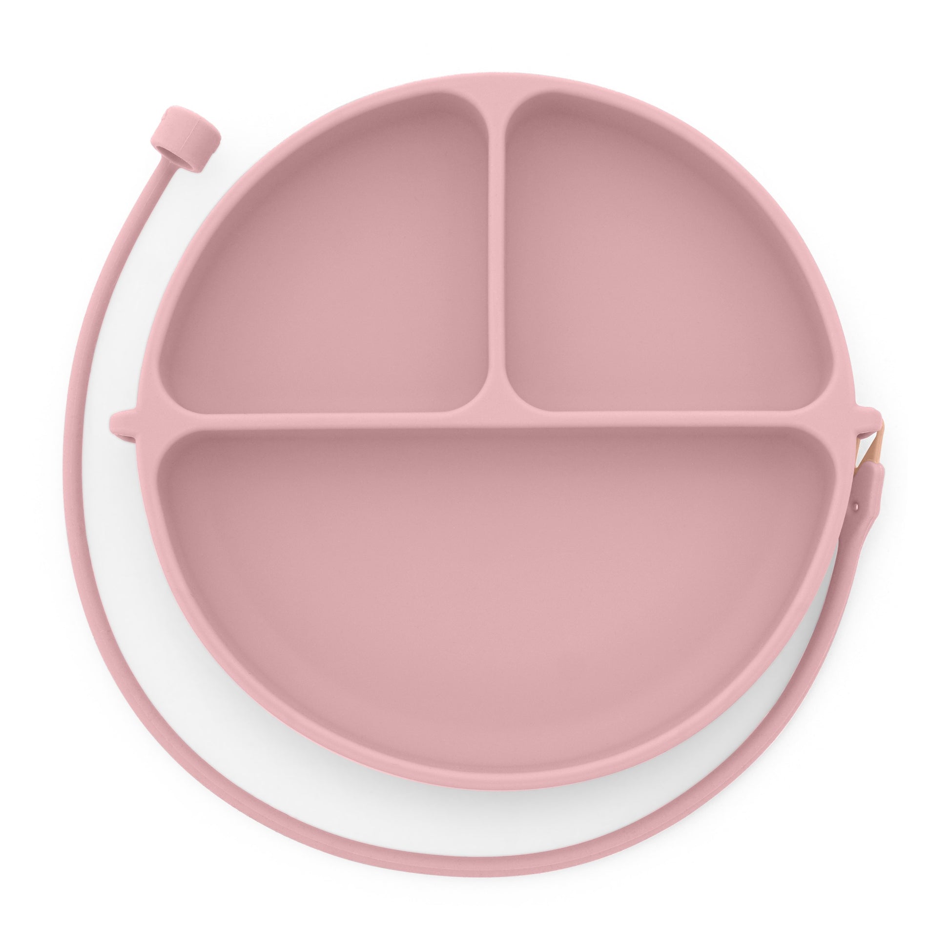 DropLess Plate in pink pale mauve shown on white background – toddler suction plate without utensil attached