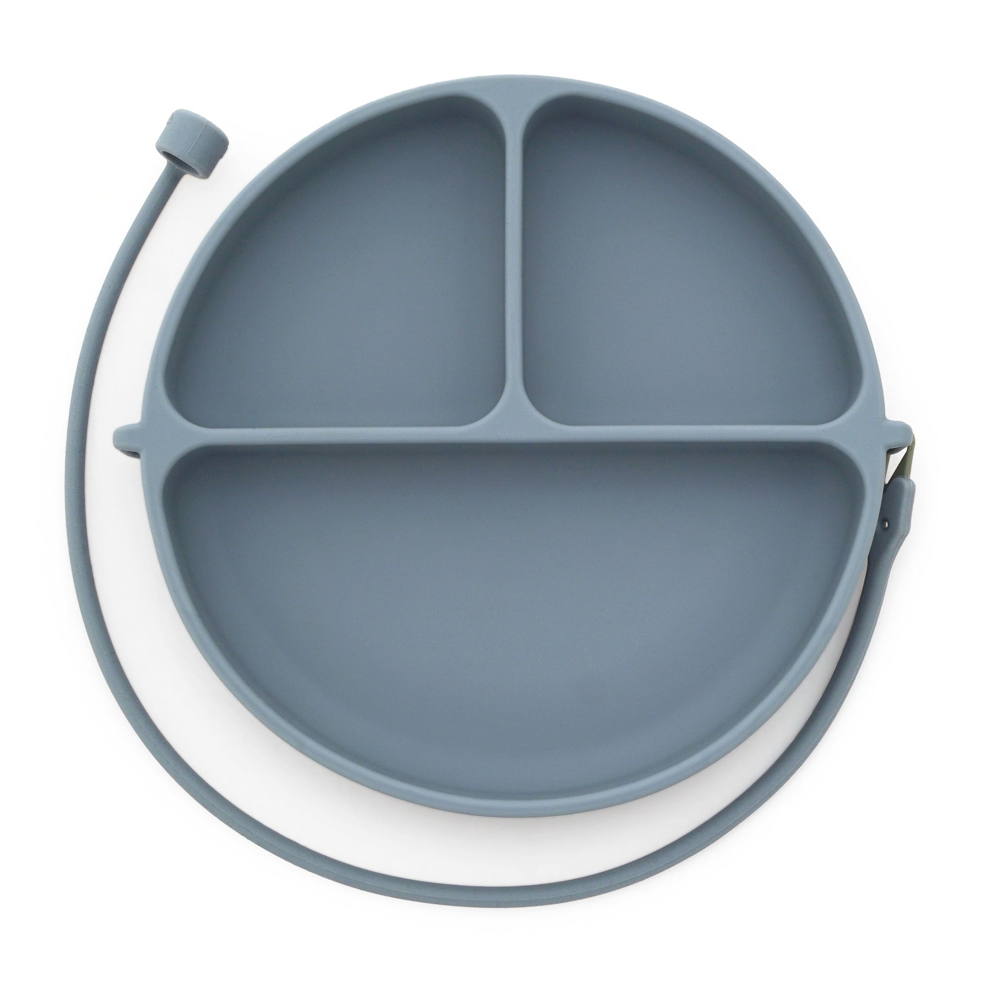 DropLess Plate in gray shown on white background – toddler suction plate without utensil attached