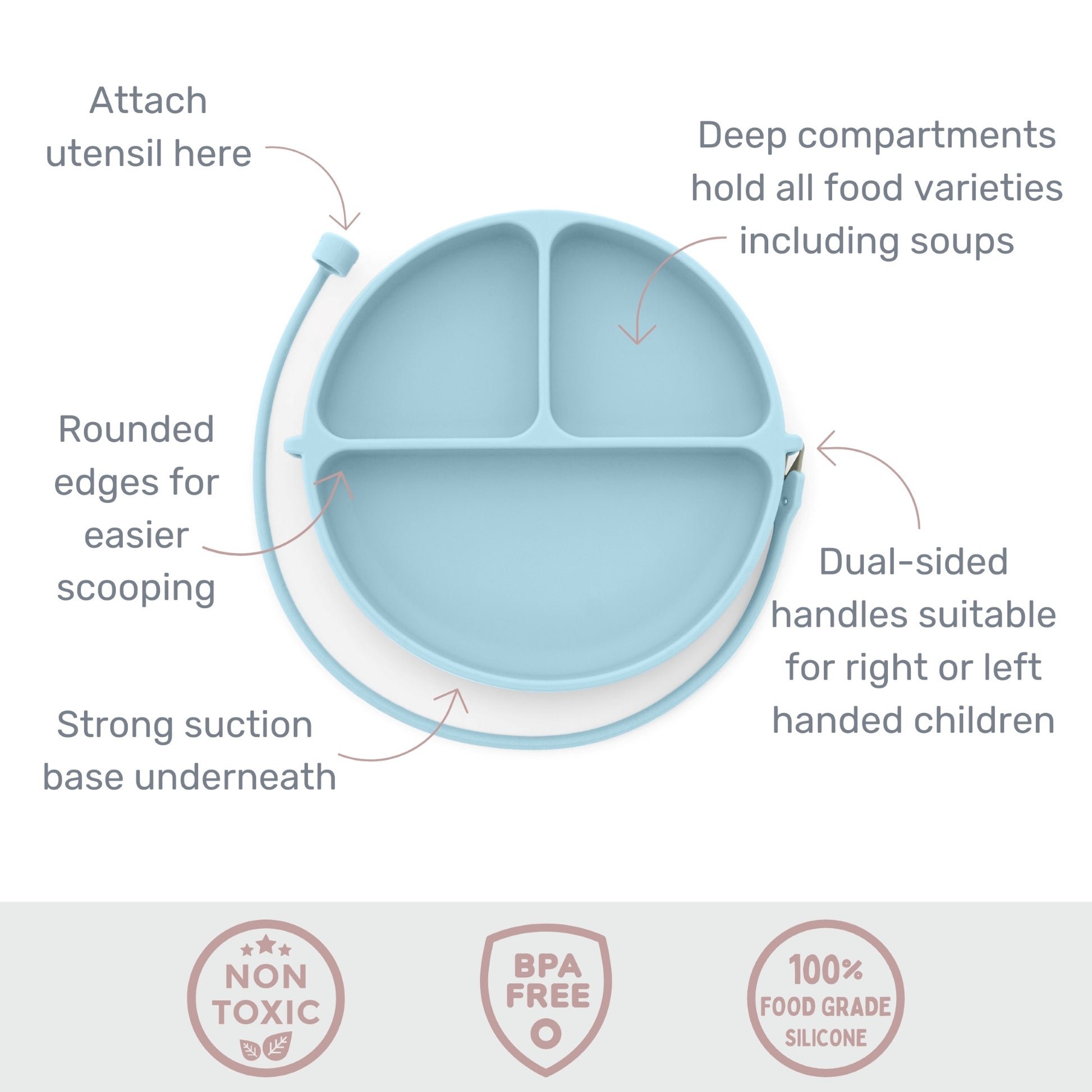 Baby dropless plate with features highlighted on a white background