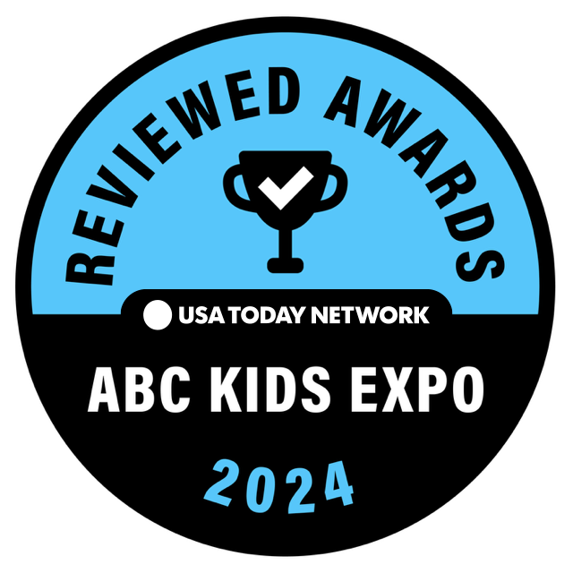 Logo for ABC Kids Expo 2024 with USA Today Network branding on a blue and black circular background.