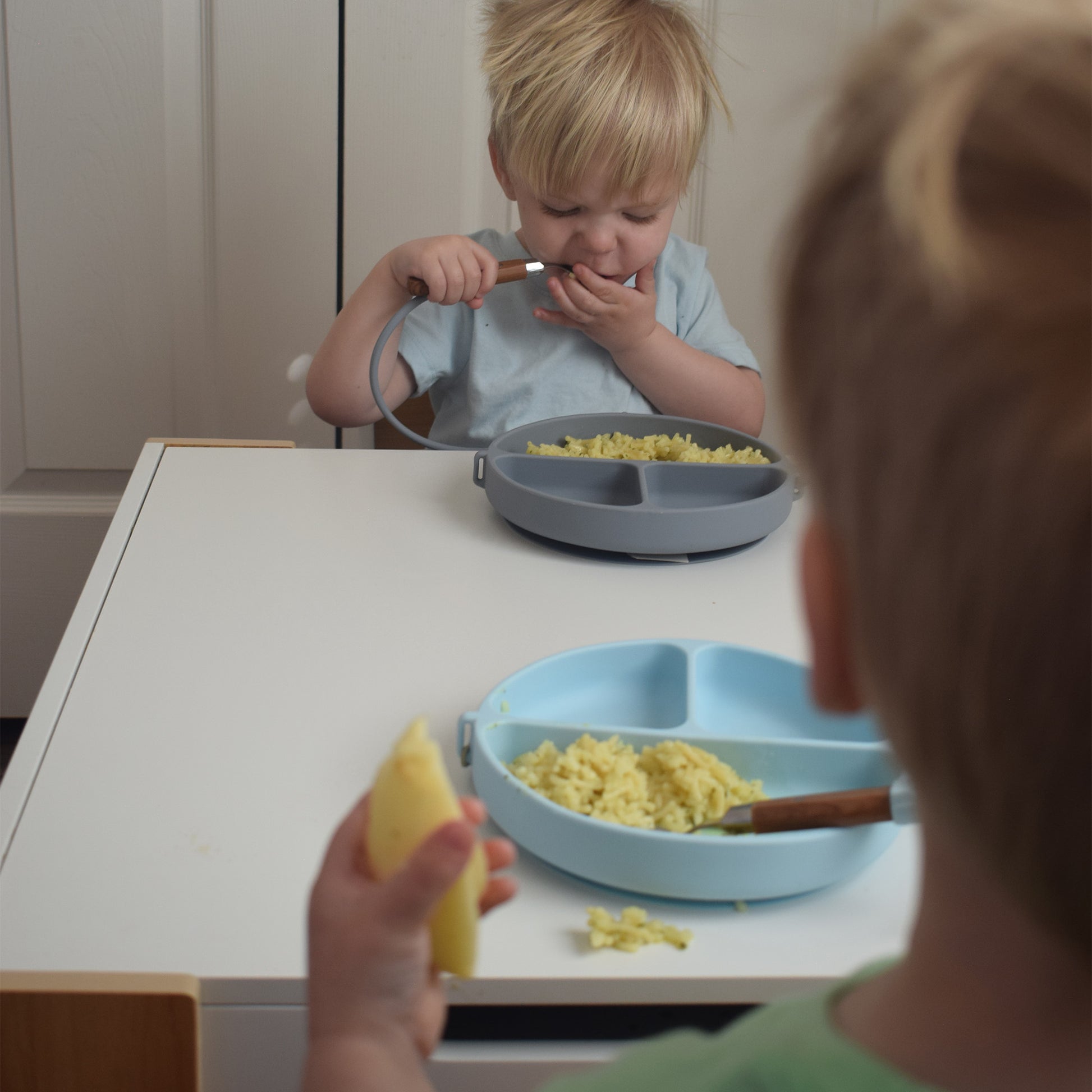 Two toddler boys using dropless plate to eat their lunch with rice inside the plates