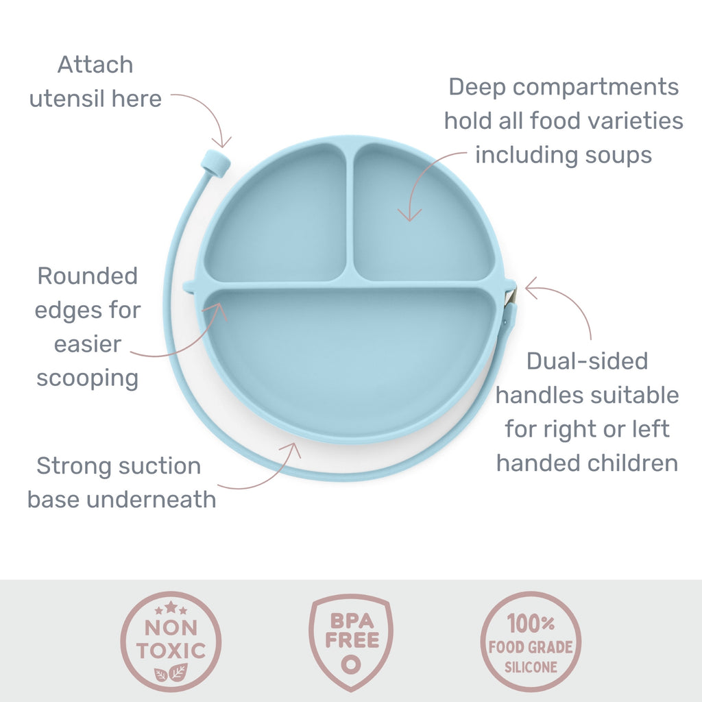 Baby dropless plate with features highlighted on a white background