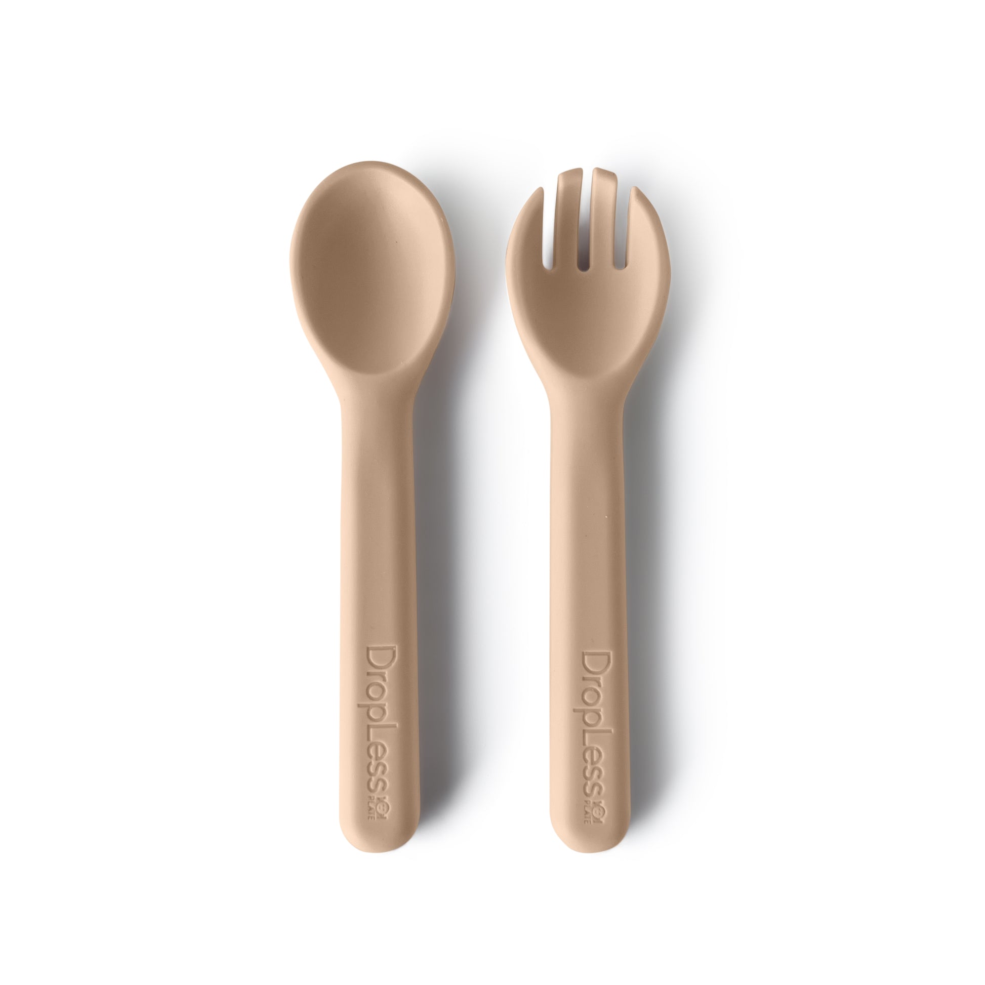 Beige spoon and fork set with 'Dropless' branding on a white background