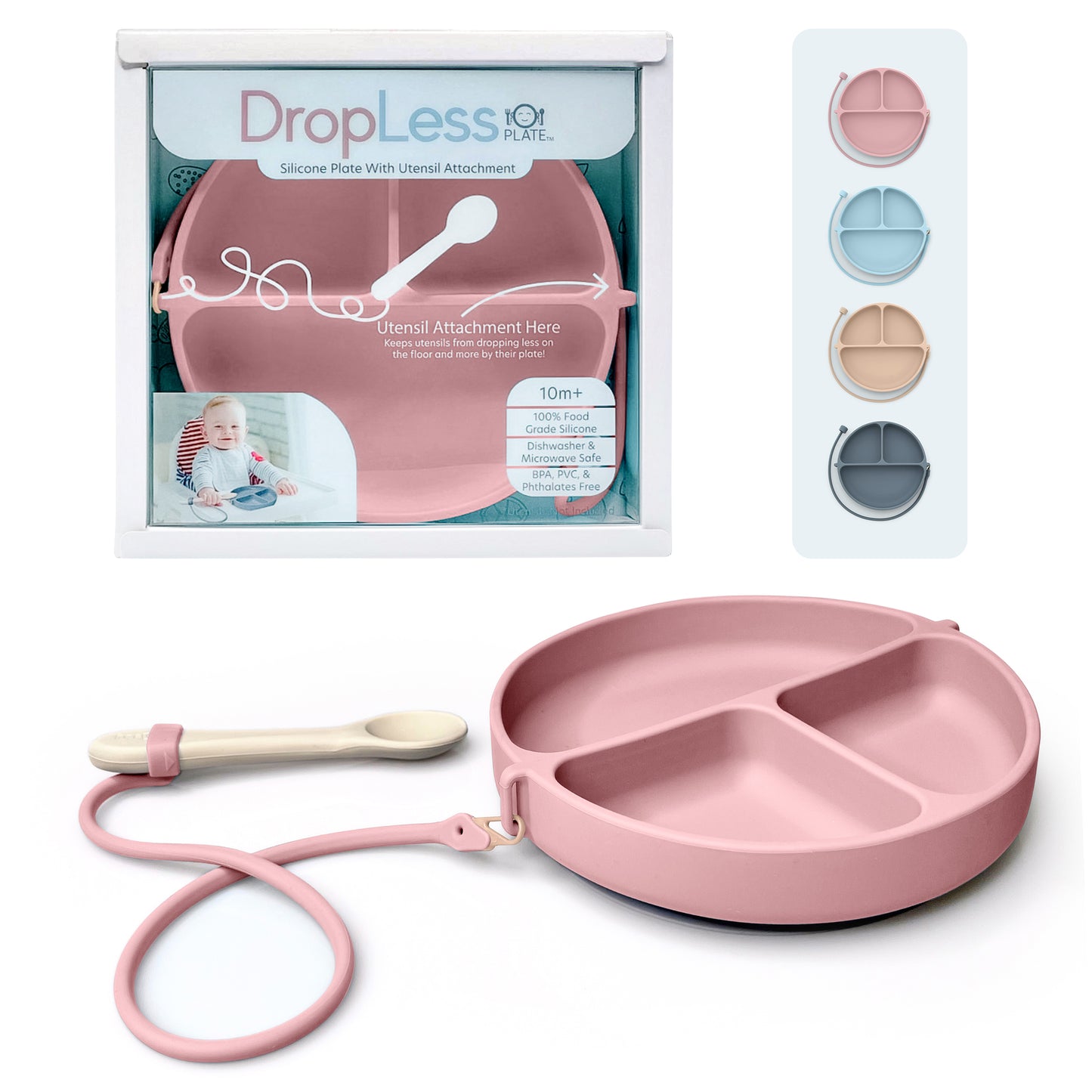 DropLess Plate: Silicone Suction Plate + Utensil Attachment