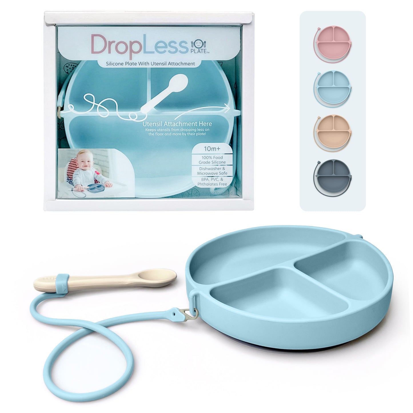 DropLess Plate: Silicone Suction Plate + Utensil Attachment