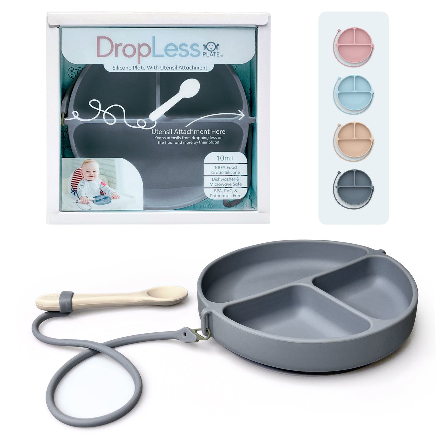 DropLess Plate: Silicone Suction Plate + Utensil Attachment